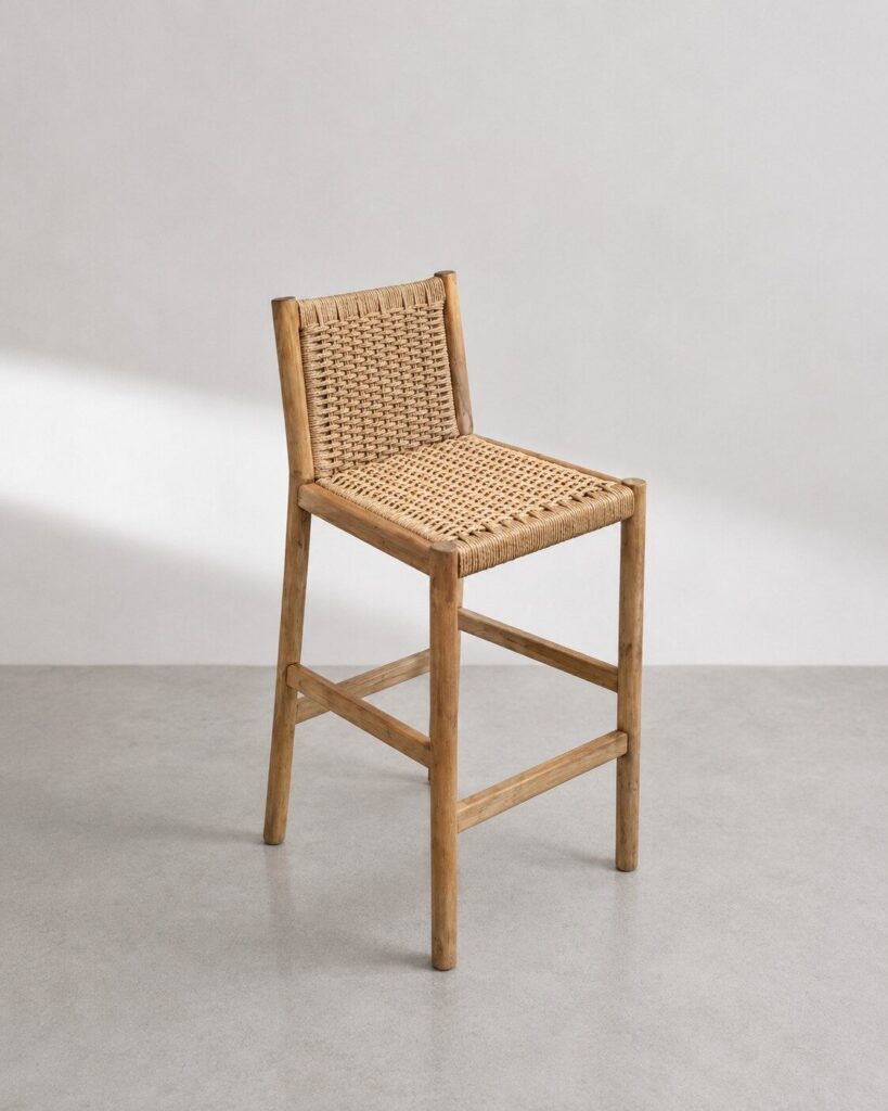 Banqueta en madera teca y cuerda en respaldo y asiento