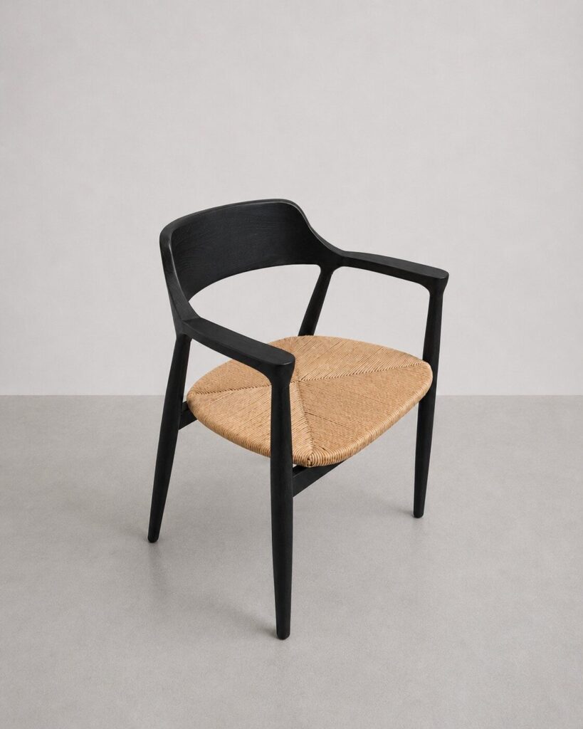 Silla en madera teca color negro y fibra loom con posabrazos